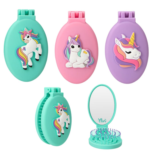 Ylvi Klapphaarbürste mit Einhorn - Praktische Haarbürste mit Spiegel