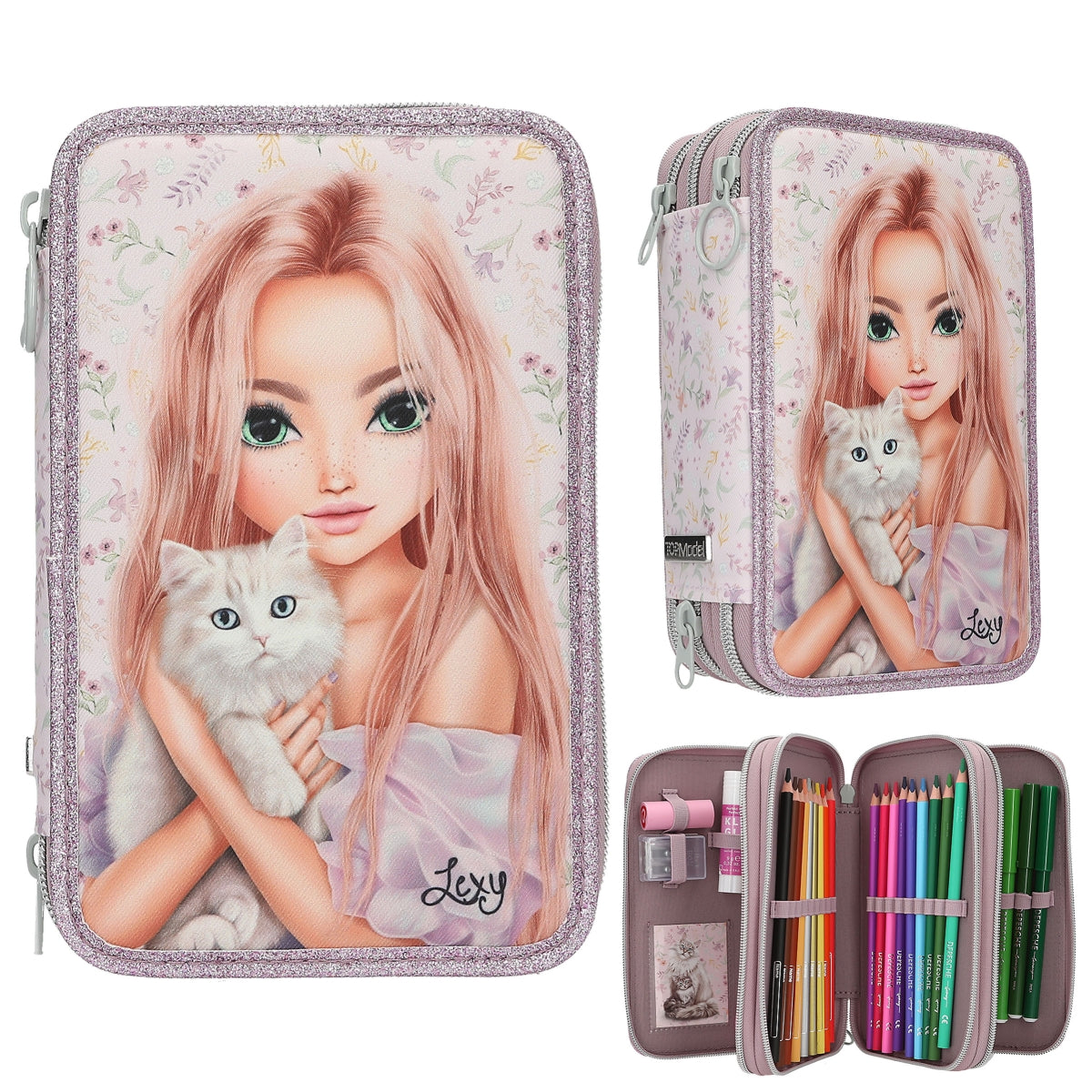 TOPModel 3-Fach Federtasche BLOOMING KITTY - komplett gefüllt