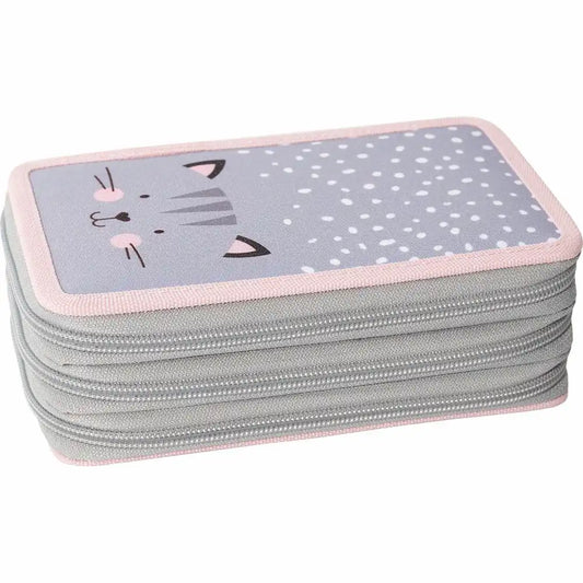 EBERHARD FABER Schüleretui Triple Decker Katze gefüllt grau/rosa 36 Teile
