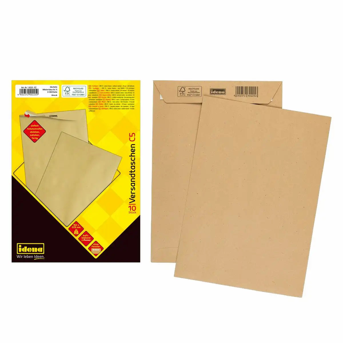 Idena Versandtaschen DIN C5 braun ohne Fenster haftklebend 90g/m² - 10 Stück