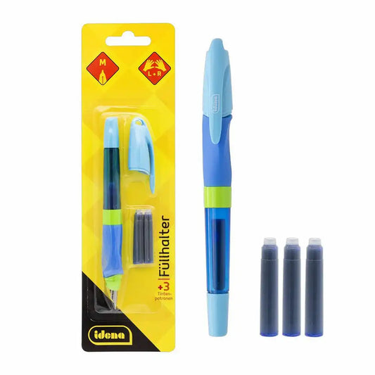 Idena Premium Füllhalter Set - Eleganter blauer Füllhalter mit 3 Tintenpatronen für Links- und Rechtshänder