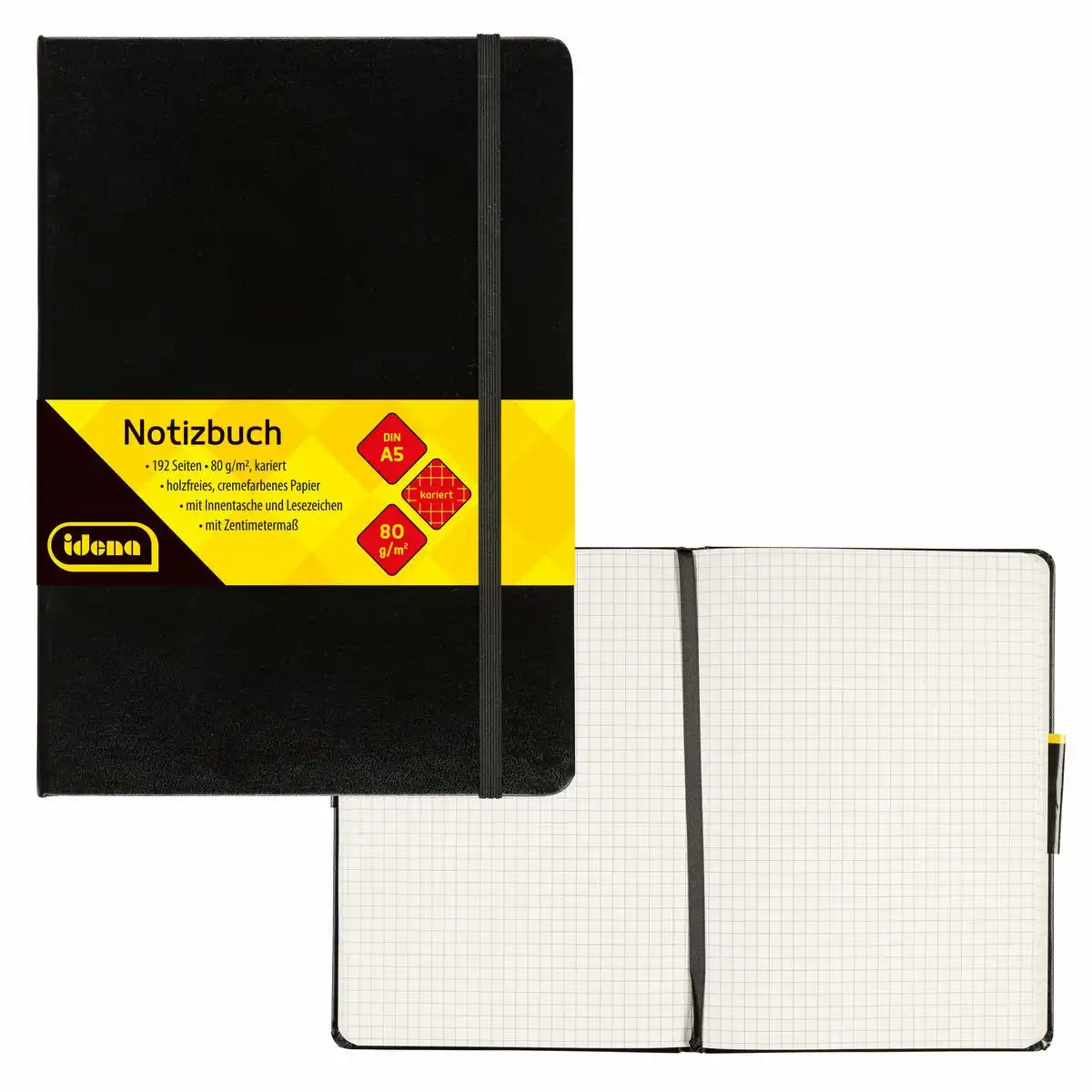 Idena Notizbuch DIN A5 kariert 192 Seiten - Premium Qualität 80g/m² Papier