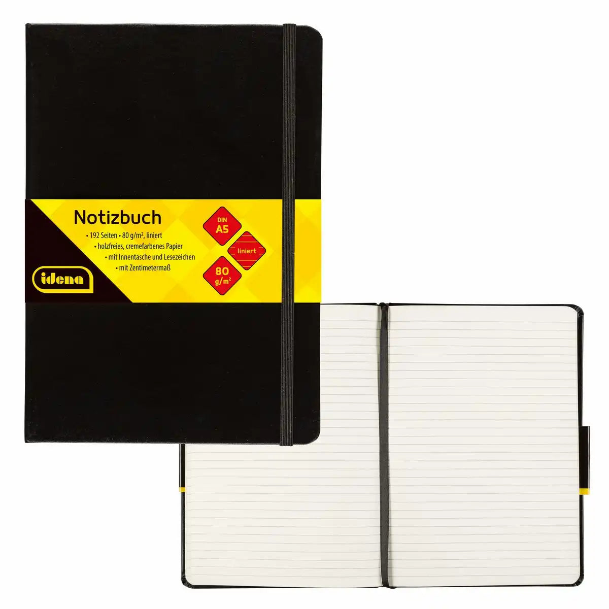 Idena Notizbuch DIN A5 liniert schwarz - Premium Qualität 80g/m² Papier