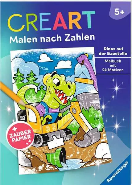 CreArt Zauberpapier: Dinos auf der Baustelle - Malen nach Zahlen mit Überraschungseffekt