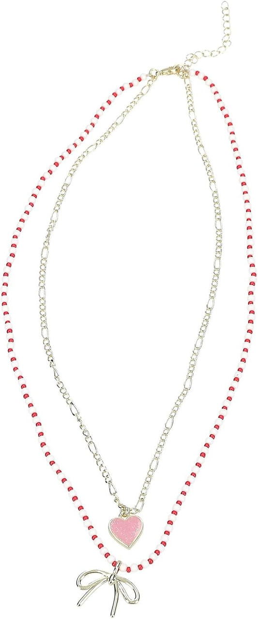 Depesche 13809 TOPModel Leoheart - Zweifach Halskette, vergoldet, Schmuck mit rot-weißen Perlen und Anhängern, variabel in der Länge (42 cm + 5 cm)