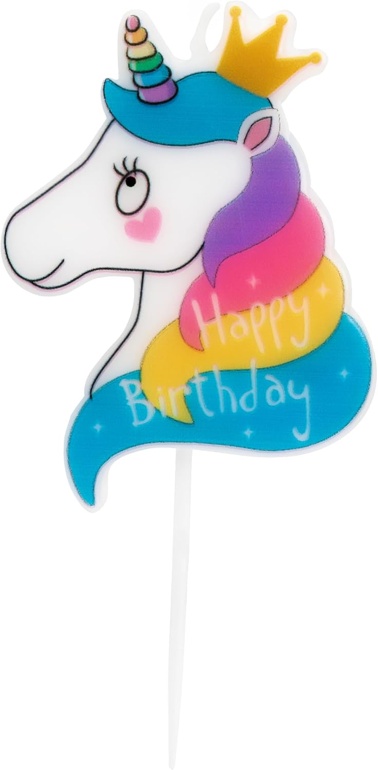 Idena 50096 - Partykerze Einhorn Happy Birthday, Geburtstagskerze aus Paraffinwachs, lebensmittelecht, Größe Motiv ca. 6 x 4 x 0,8 cm, Länge Spieß ca. 3 cm