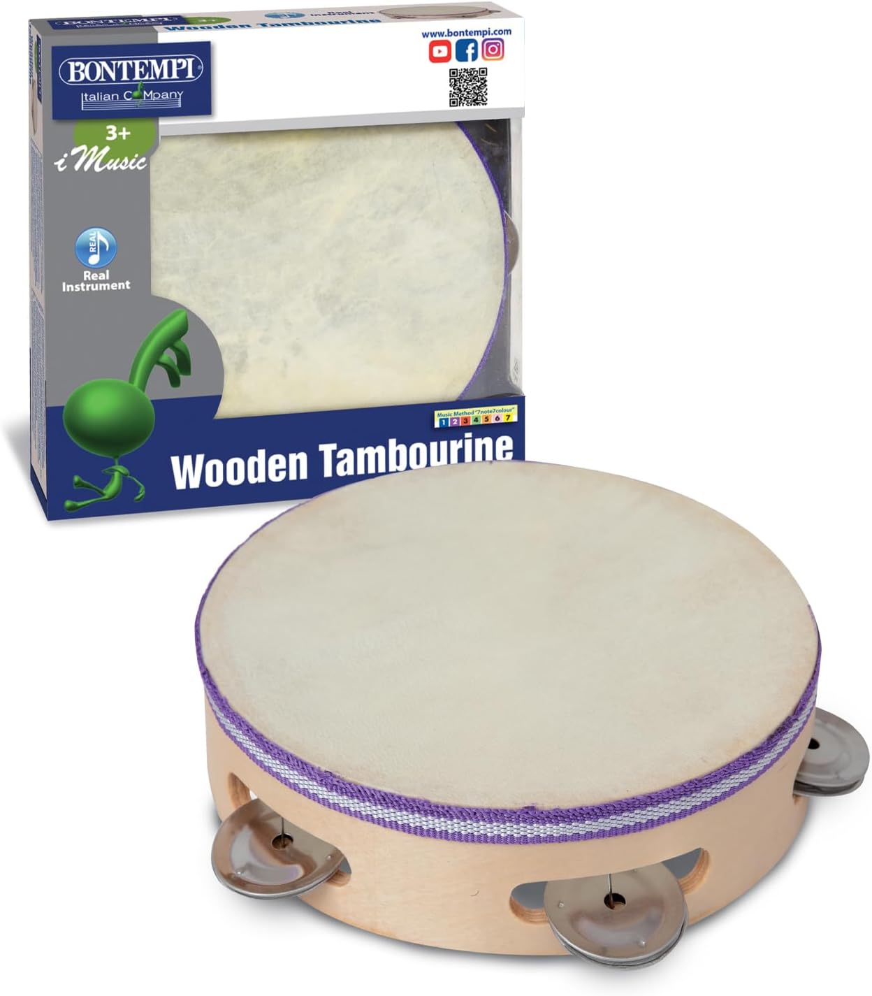 BONTEMPI Holz-Tamburin mit Naturfell und Schellen 19 cm