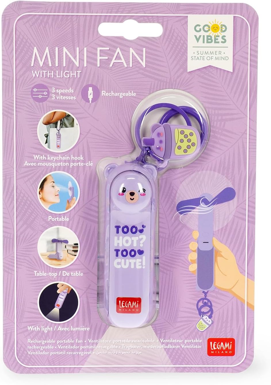 LEGAMI Mini Fan Teddy Bear Lila faltbar USB-C Licht