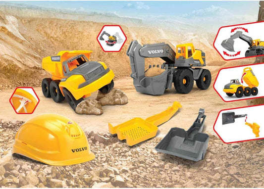 DICKIE TOYS Volvo Baustellenset - 4-teiliges Spielset mit Helm für kleine Baumeister