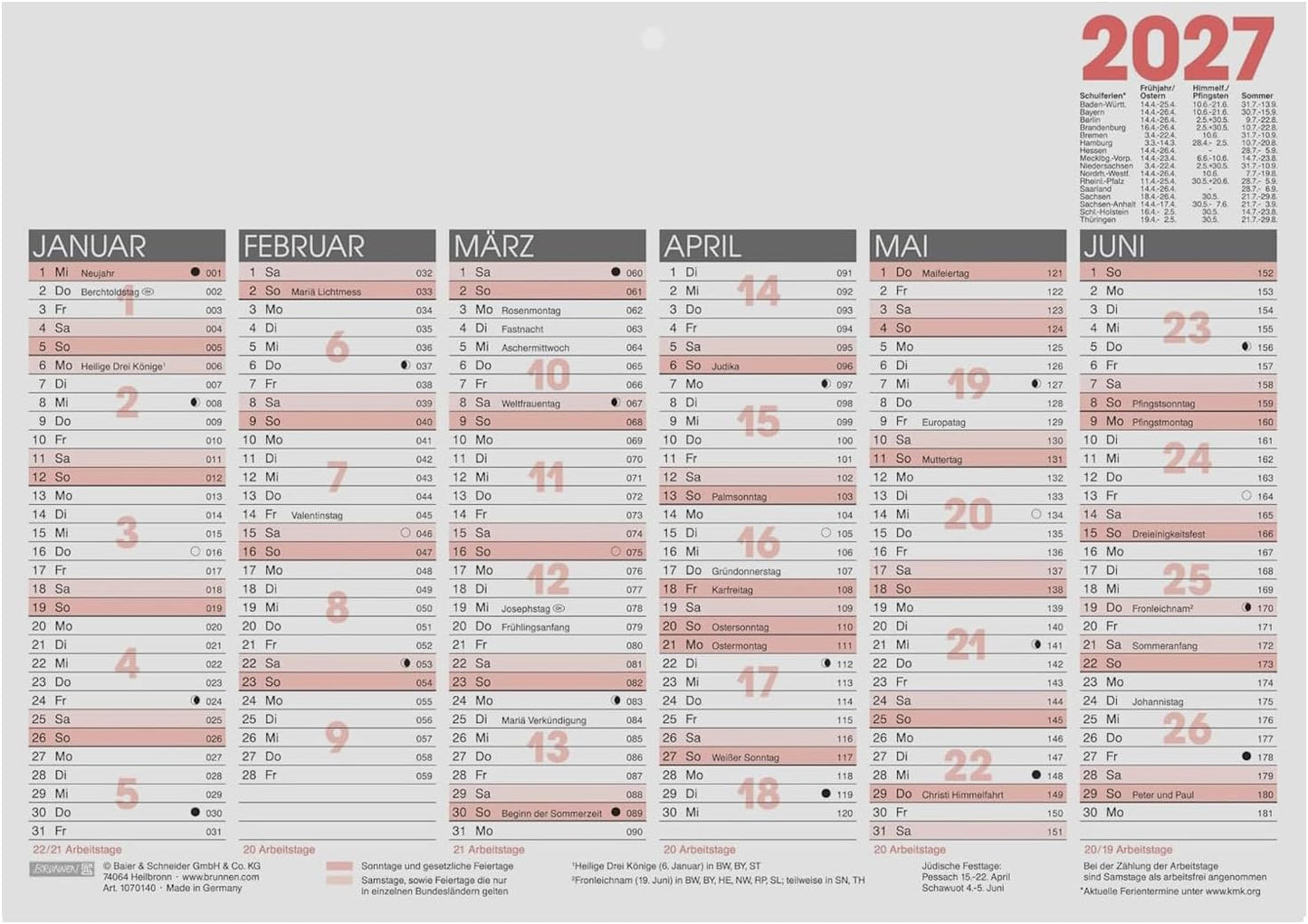 BRUNNEN Tischkalender 2027 A4 quer – Halbjahresübersicht