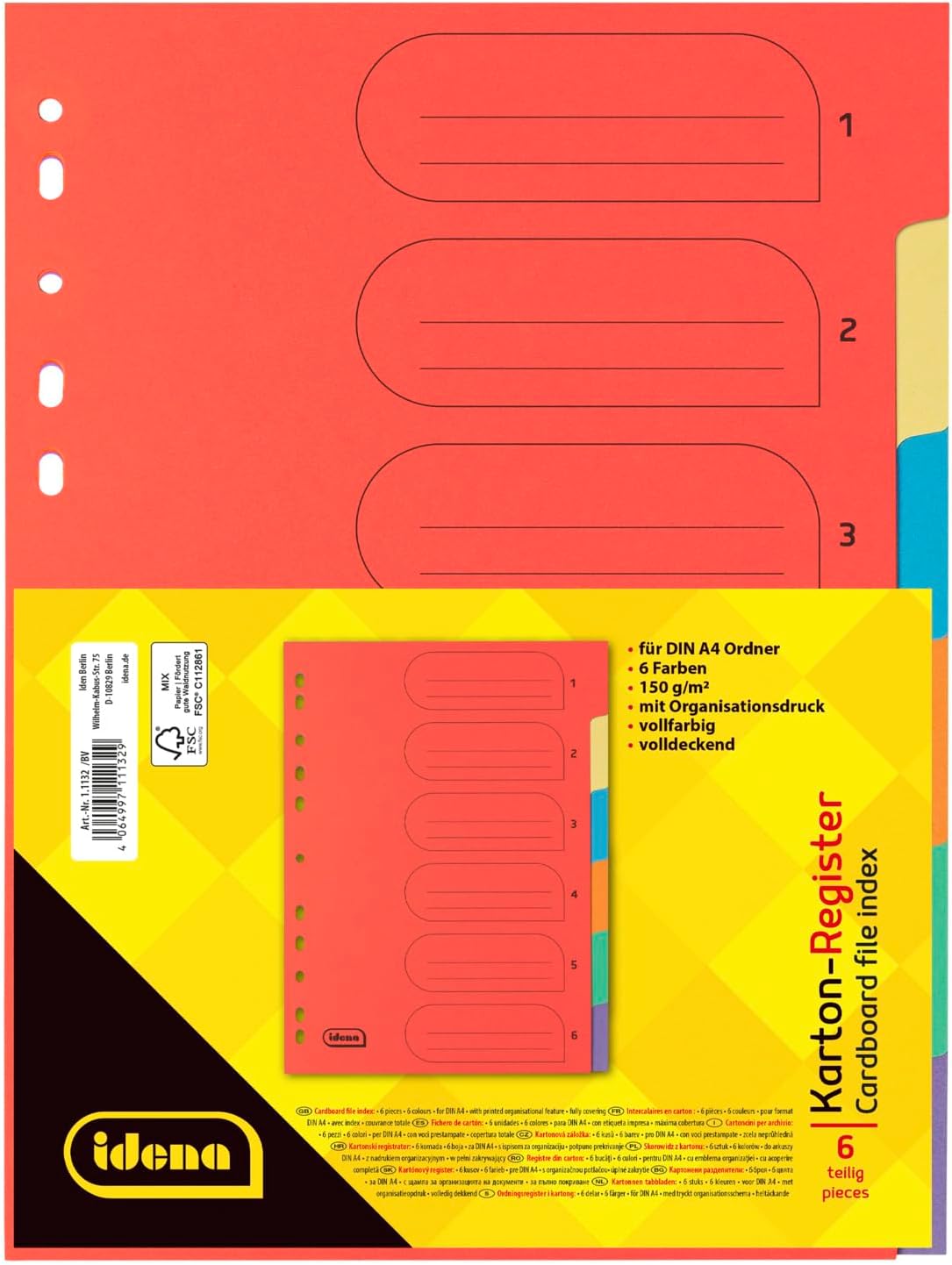 Idena Kartonregister 6-teilig - Farbige A4 Register für perfekte Organisation