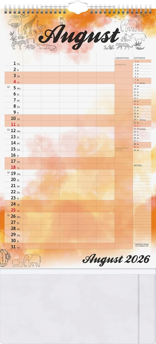 Familienkalender 2026 - Aquarell Design 25x42cm mit praktischer Sammeltasche