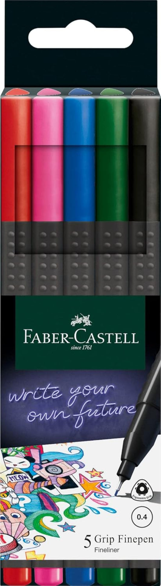FABER-CASTELL Fineliner Grip basic 0,4mm - Ergonomische Dreikantform - 5 Stück