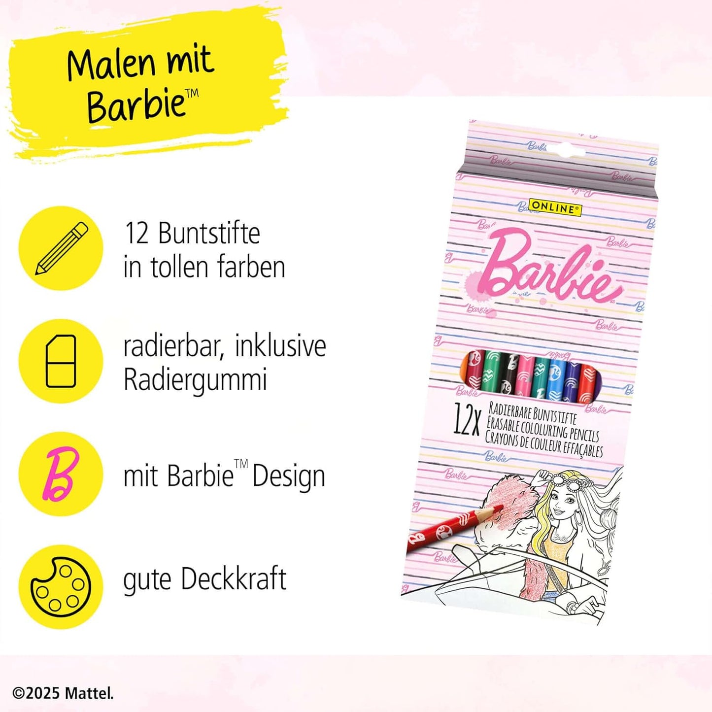 Barbie Buntstifte radierbar 6er Set - Kreativ malen & korrigieren