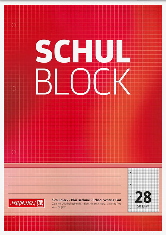 Brunnen Schulblock A4 kariert mit Randlinien - 50 Blatt, 70g/m², gelocht, kopfverleimt