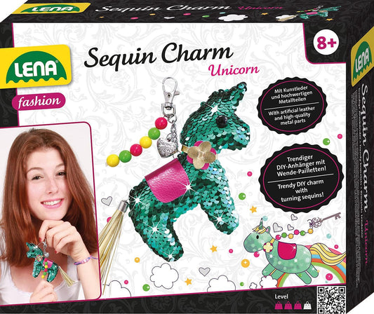 Lena 42660 Bastelset Sequin Charm Einhorn, Komplettset für 1 Pailletten Glücksbringer/Schlüsselanhänger