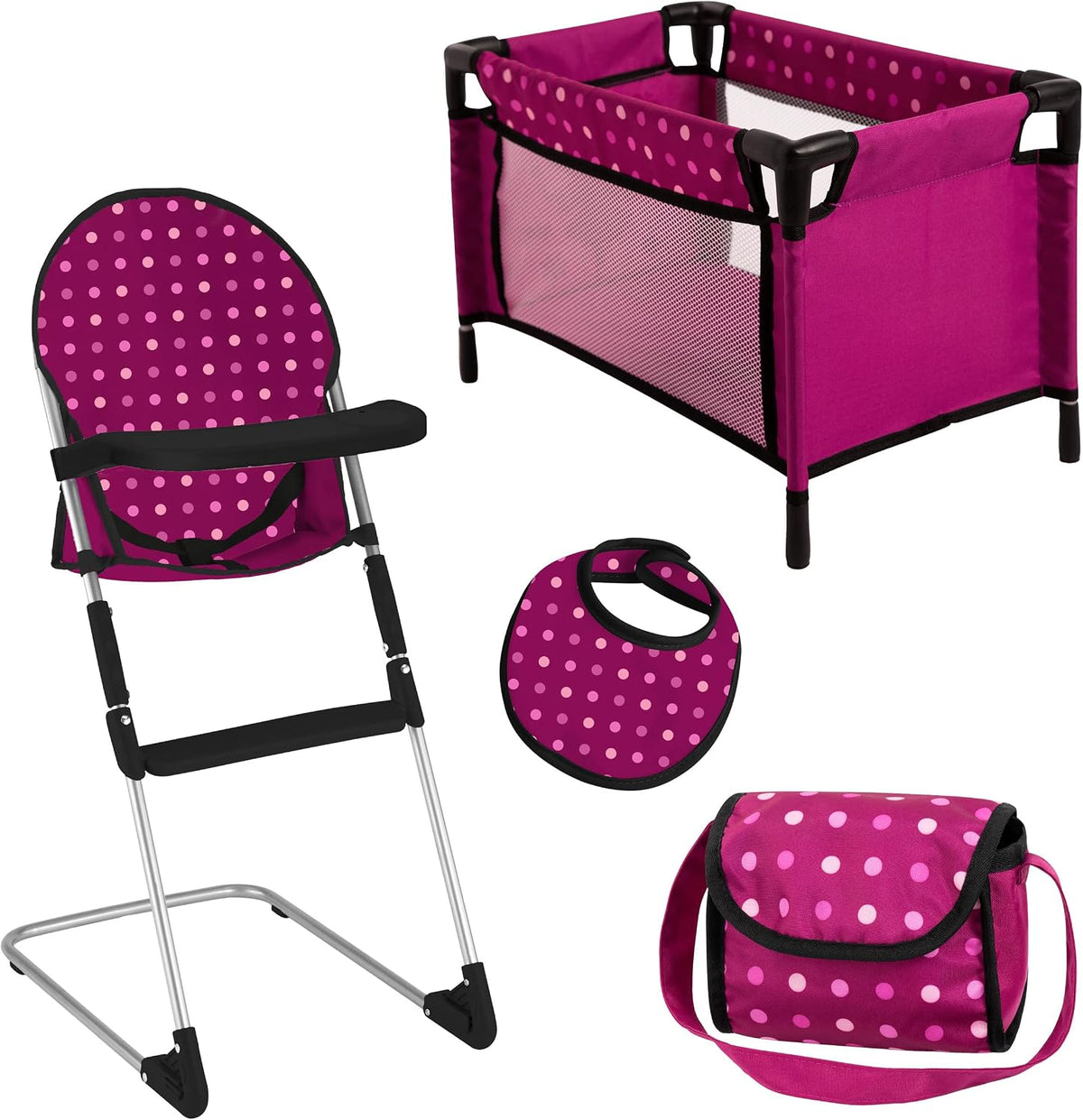 Idena Puppen-Reiseset, 4 Teile mit Hochstuhl und Reisebett