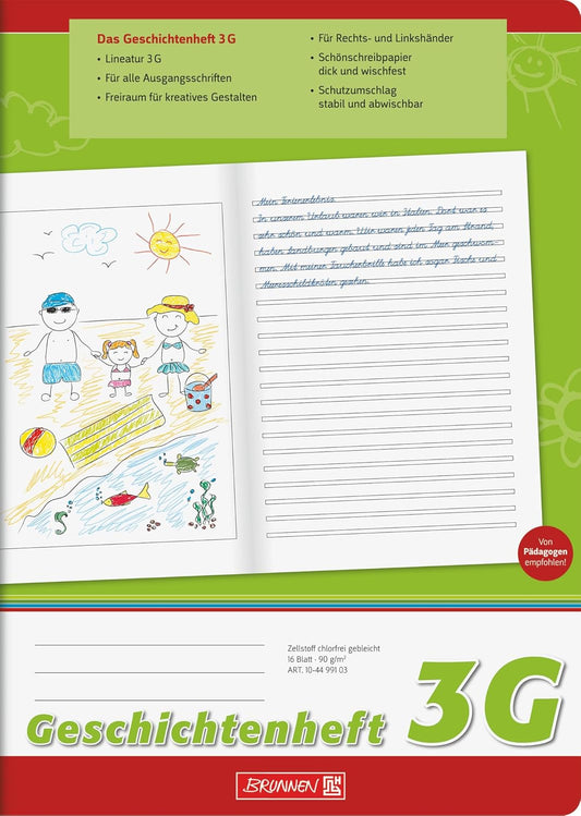 BRUNNEN Schulheft A4 - Perfekt für kreative Geschichten und saubere Schrift (Lin. 3G, 16 Blatt)