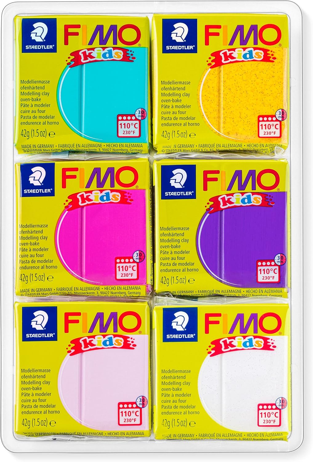 FIMO Kids Modelliermasse Set 6x42g Glitter & Pastell