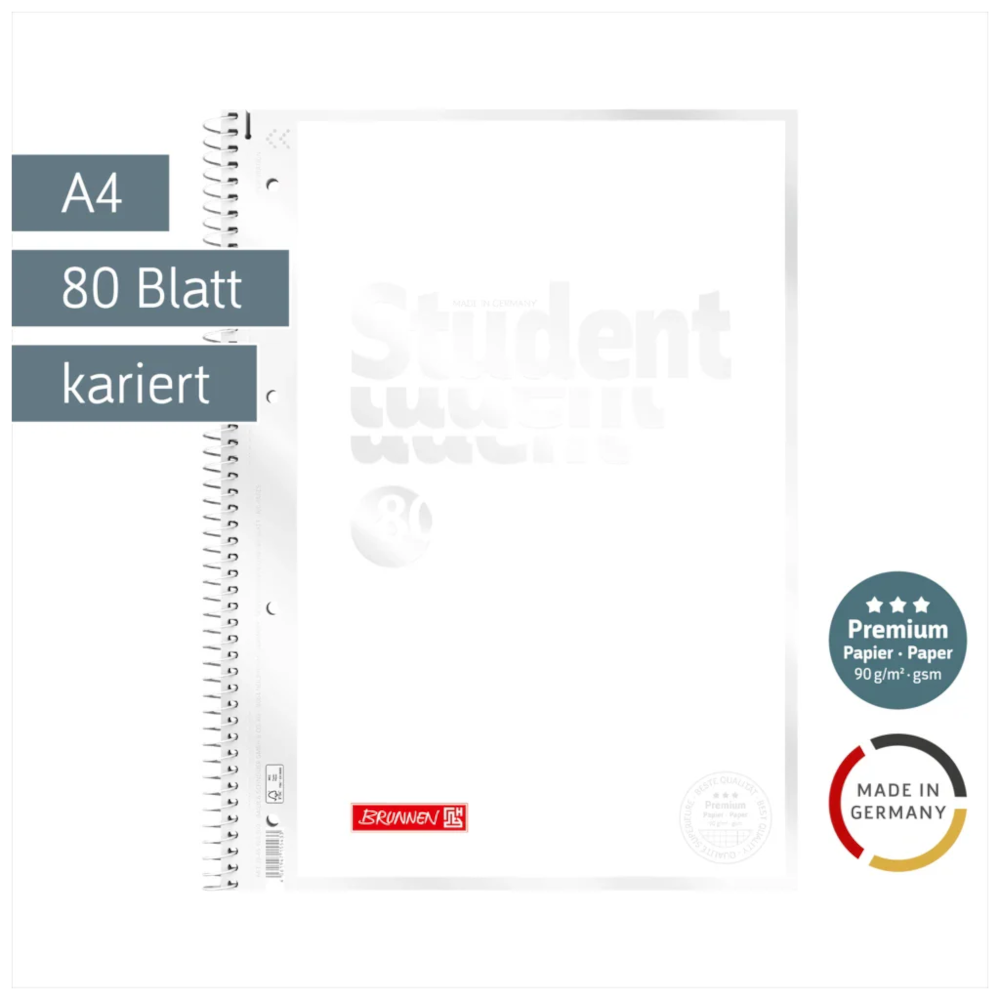 BRUNNEN Premium Collegeblock A4 - 80 Blatt kariert mit Spiralbindung