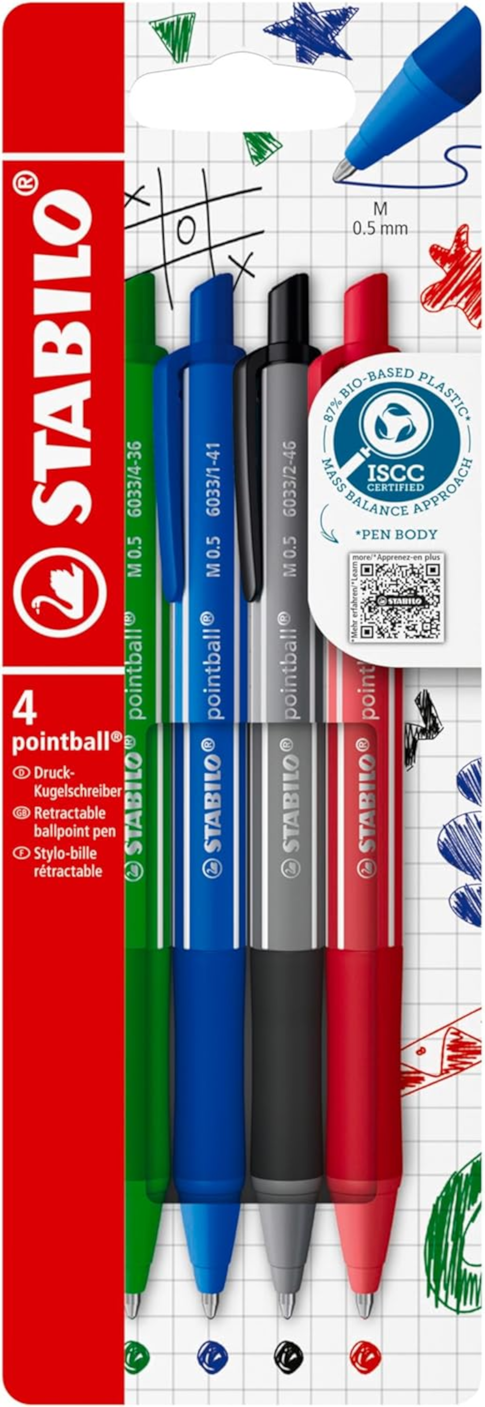 STABILO pointball colorful 4er Set, 0,5 mm, nachfüllbar