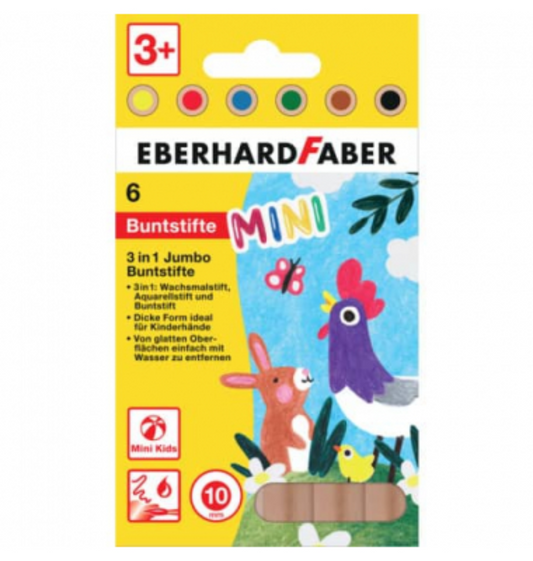 Eberhard Faber Jumbo Grip Buntsifte - 3in1 Wachsmal-, Aquarell- & Buntstift - 10mm Durchmesser - 6 Farben