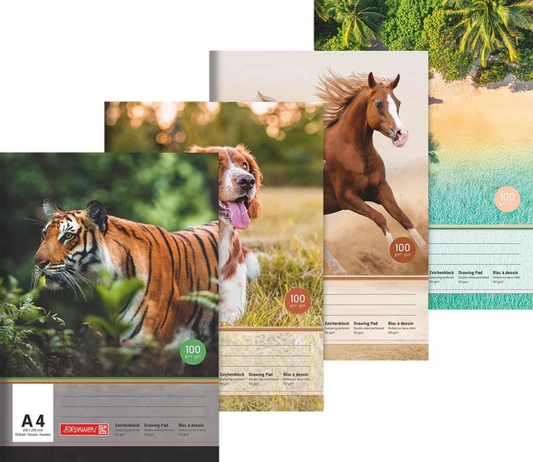 BRUNNEN Zeichenblock A4 mit Tiermotiven - Premium Zeichenpapier 100g/m²