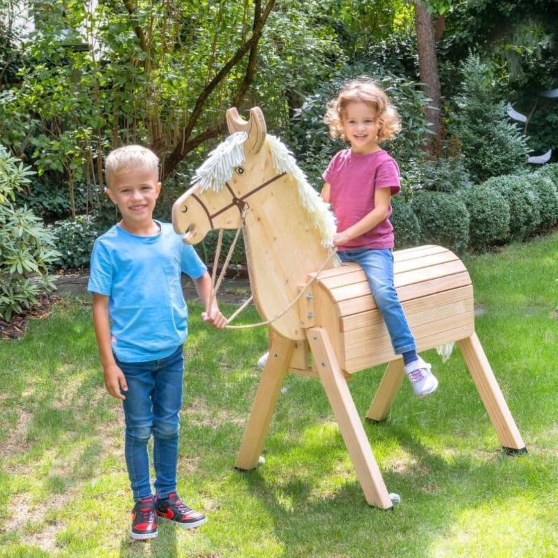 Holzpferd Monty 117cm - Gartenpferd für Kinder mit Zügel