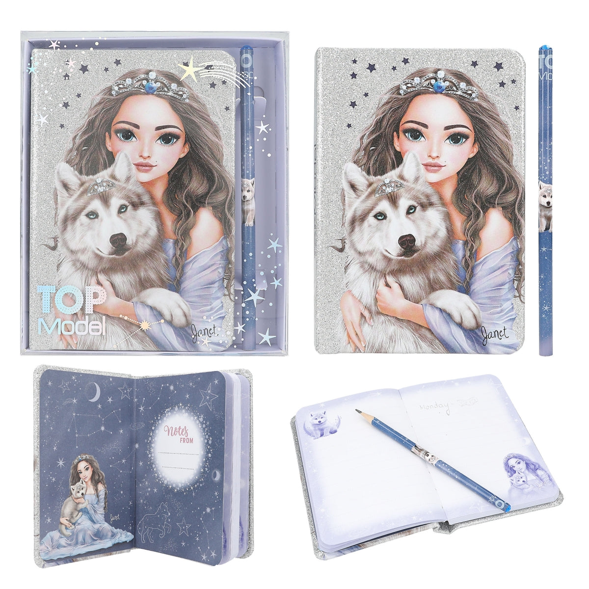TOPModel Notizbuch & Bleistift WOLF - Glitzer Design