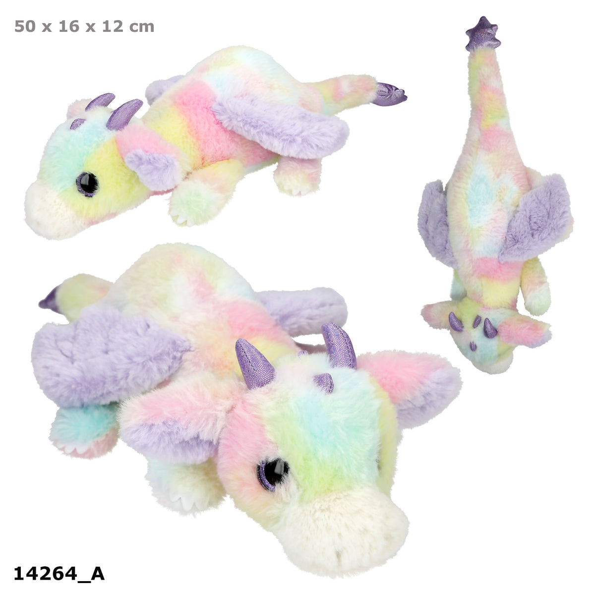 SNUKIS Plüschdrache bunt, 50 cm mit lila Glitzerdetails