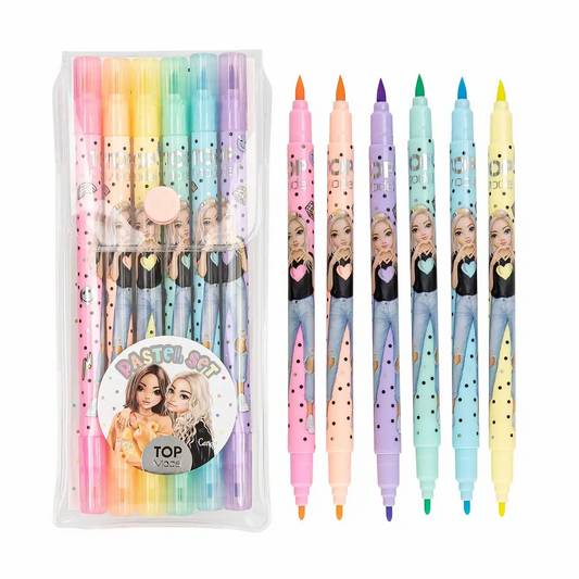 DEPESCHE TOPModel Fasermaler Pastell Set - 6 Doppel-Fasermaler mit Pinsel- und Filzstift-Spitze