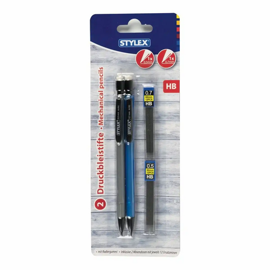 STYLEX Druckbleistifte Set 2-teilig - 0,5mm & 0,7mm mit Radiergummi und 24 Ersatzminen HB