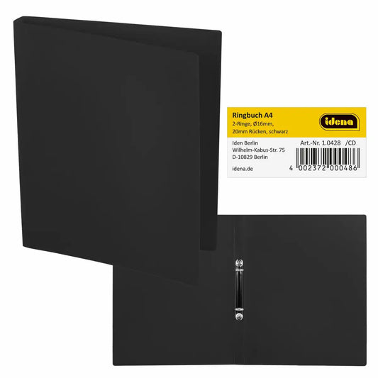 Idena Ringbuch A4 schwarz 2-Ring Mechanik 2cm Rückenbreite - Stabile Kunststoff-Ausführung