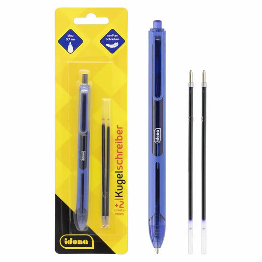 Idena Kugelschreiber mit 2 Ersatzminen - Schreibfarbe blau - 3-teiliges Set