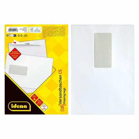Idena Versandtaschen mit Fenster haftklebend 90g/m² weiß DIN C5 - 10 Stück