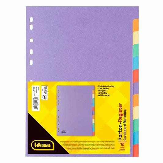 Idena Kartonregister A4 - 12teilig in 6 Farben für perfekte Organisation