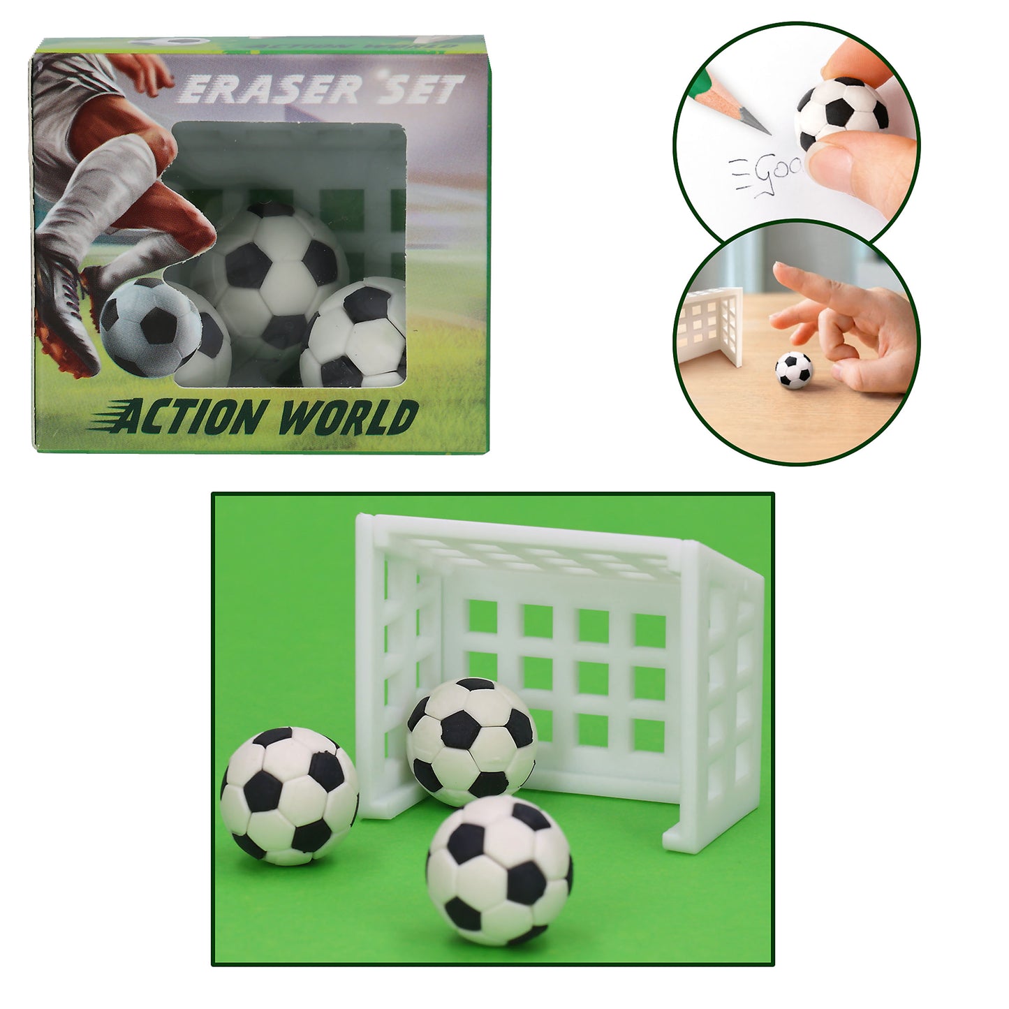 Action World Fußball Radiergummi-Set – Tor + 3 Bälle