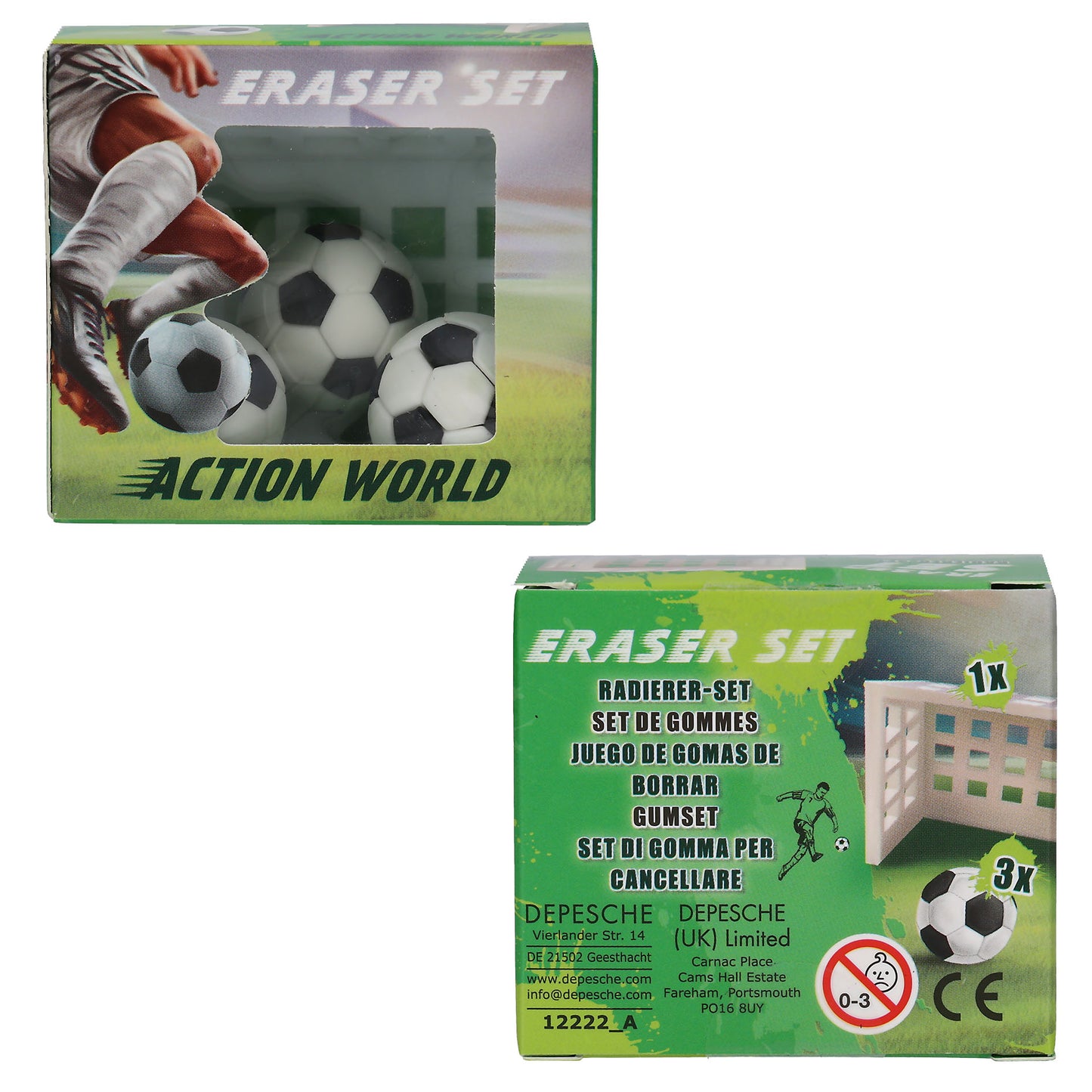 Action World Fußball Radiergummi-Set – Tor + 3 Bälle