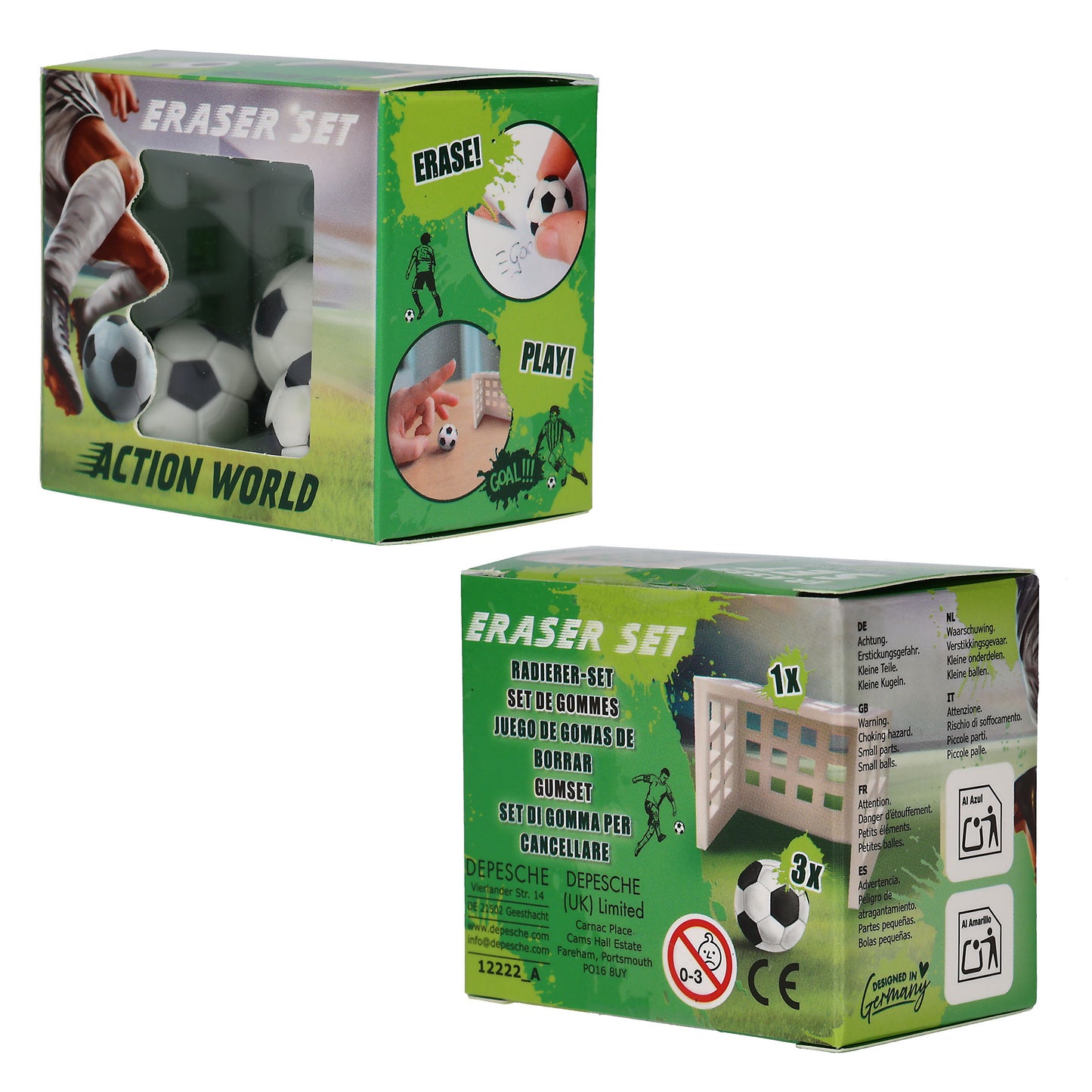 Action World Fußball Radiergummi-Set – Tor + 3 Bälle