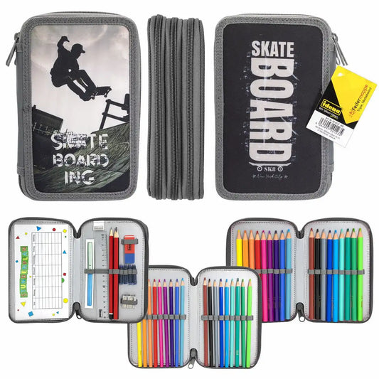 Idena Federmappe Triple Skateboard grau - 47 Teile