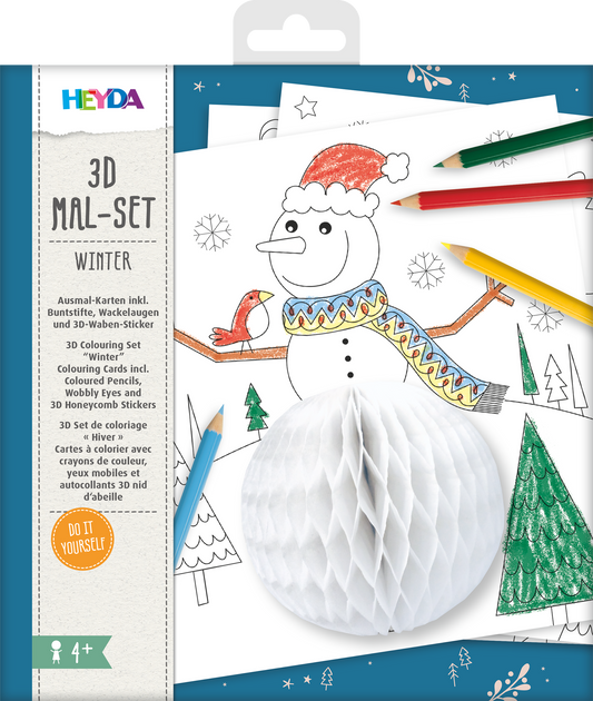 3D Malset Winter - 4 Karten mit Buntstiften & 3D-Stickern