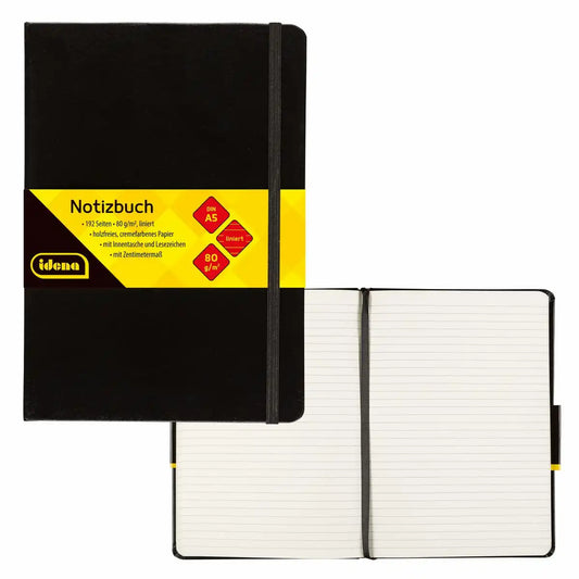 Idena Notizbuch DIN A5 liniert schwarz - Premium Qualität 80g/m² Papier