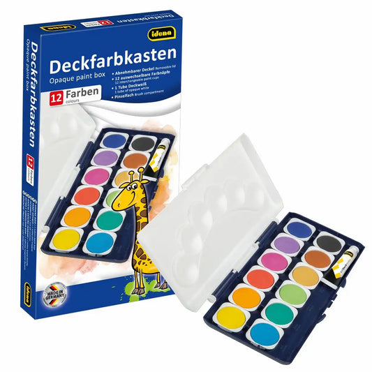 Idena Deckfarbkasten 12 Farben mit Tube Deckweiß - Malkasten für Kinder und Erwachsene