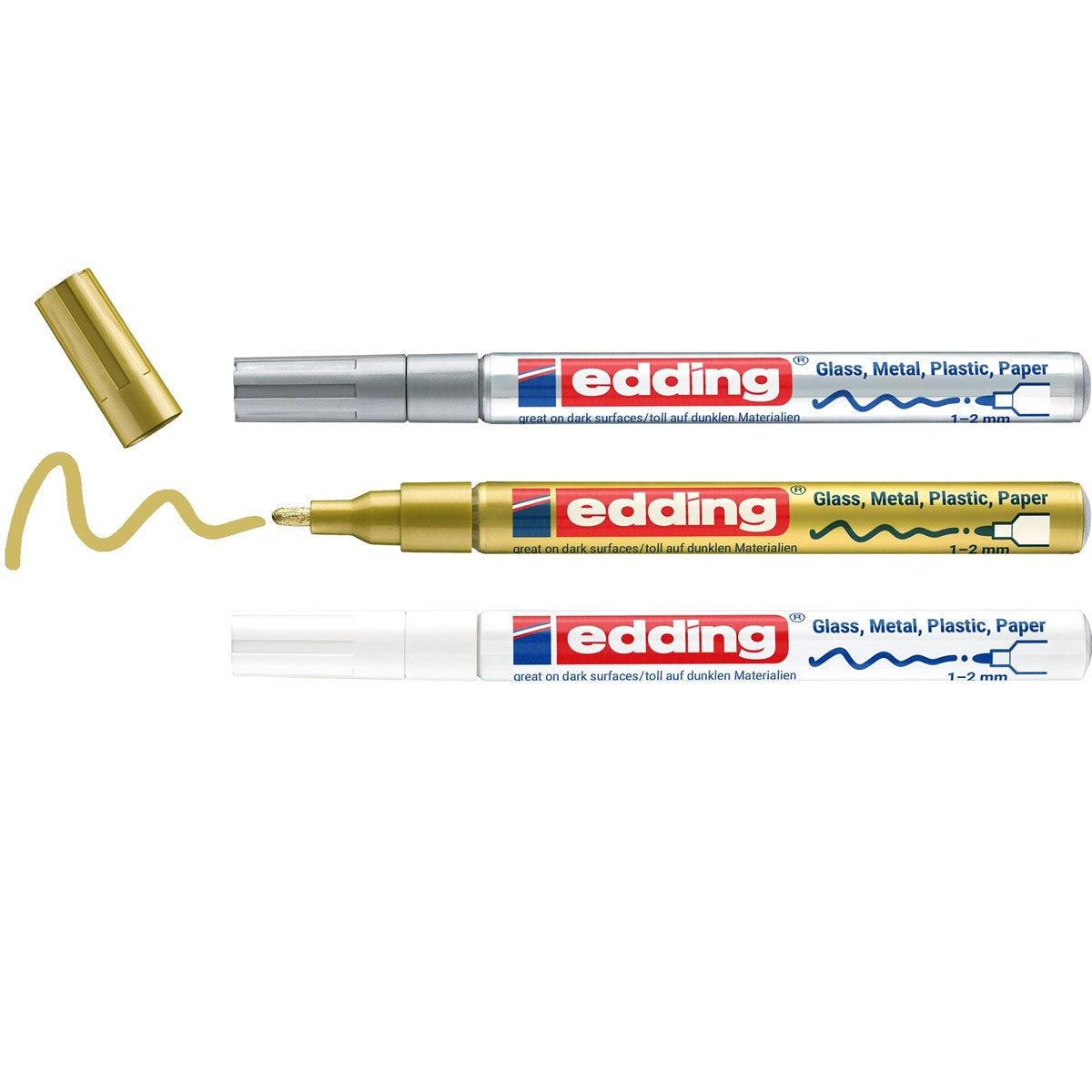 edding 751 creative Metallic-Lackmarker, 3er-Set Weiß Gold Silber