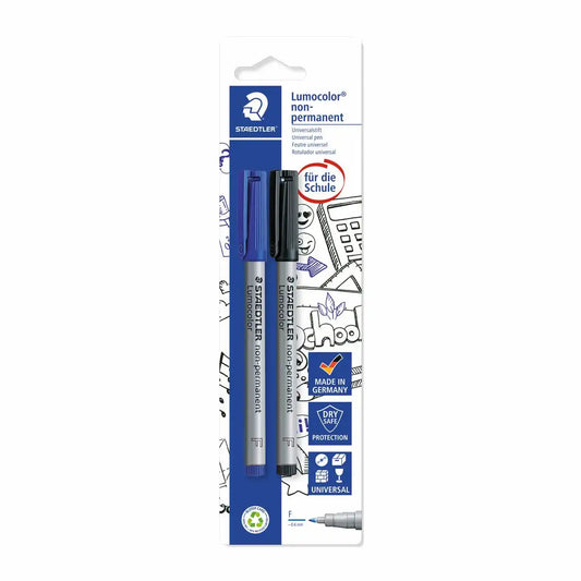 STAEDTLER Lumocolor Non-Permanent Folienstifte - Präzise Markierungen auf glatten Oberflächen (2er Set blau/schwarz)