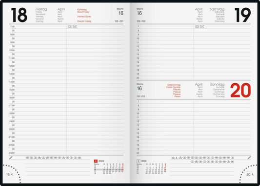 Taschenkalender 2026 A5 - Sechssprachiger Terminplaner mit Eckperforation