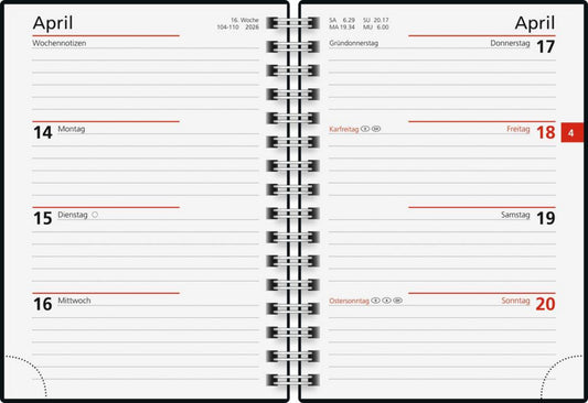 Taschenkalender 2026 - Wochenplaner mit Wire-O-Bindung