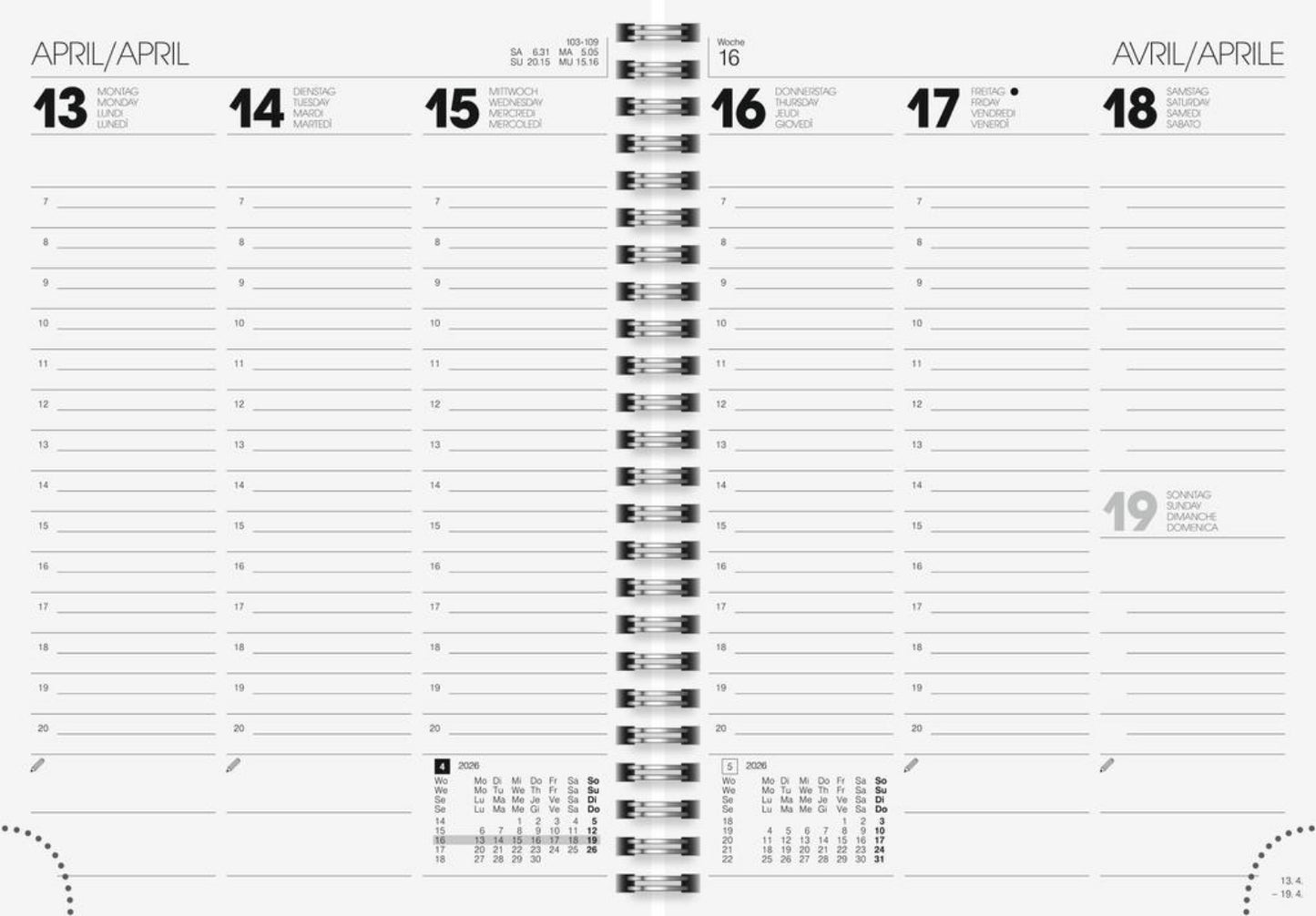 Wochenkalender 2026 A5 Wire-O - Viersprachig mit Monatsplan