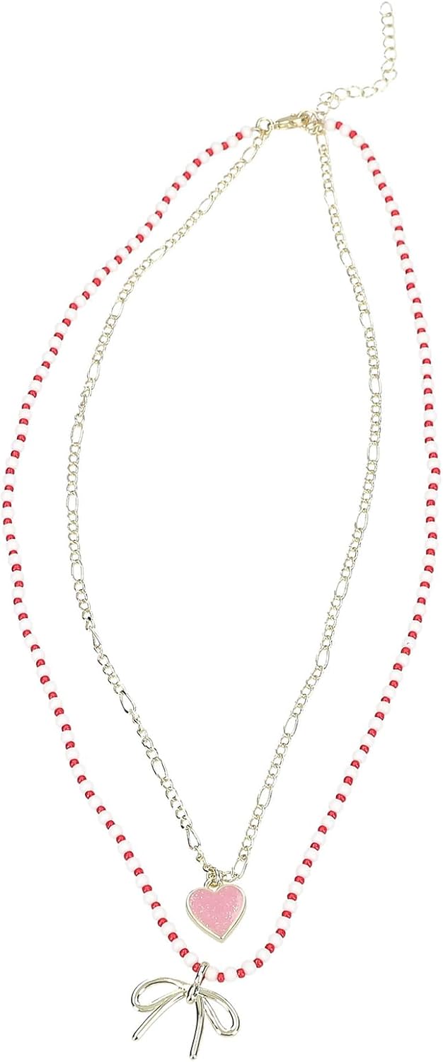 Depesche 13809 TOPModel Leoheart - Zweifach Halskette, vergoldet, Schmuck mit rot-weißen Perlen und Anhängern, variabel in der Länge (42 cm + 5 cm)