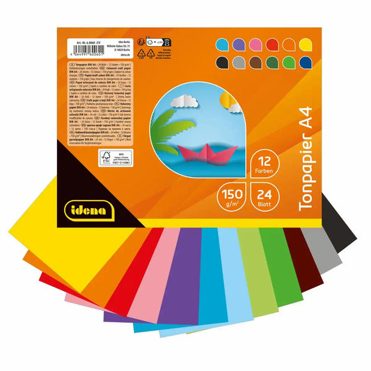 Idena Tonpapier Set - 24 Blatt in 12 leuchtenden Farben DIN A4